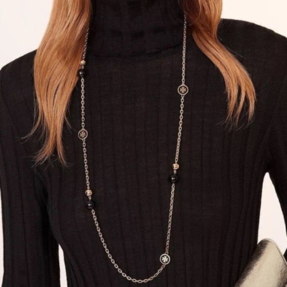 Tory Burch Jewelry - New Tory Burch Black Lacquered Logo Long Necklace